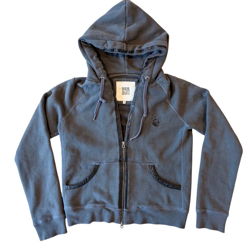 RUEHL No 925 Womens Leather Trim Full Zip Hoodie Gray L Y2K Vintage Grunge Thick